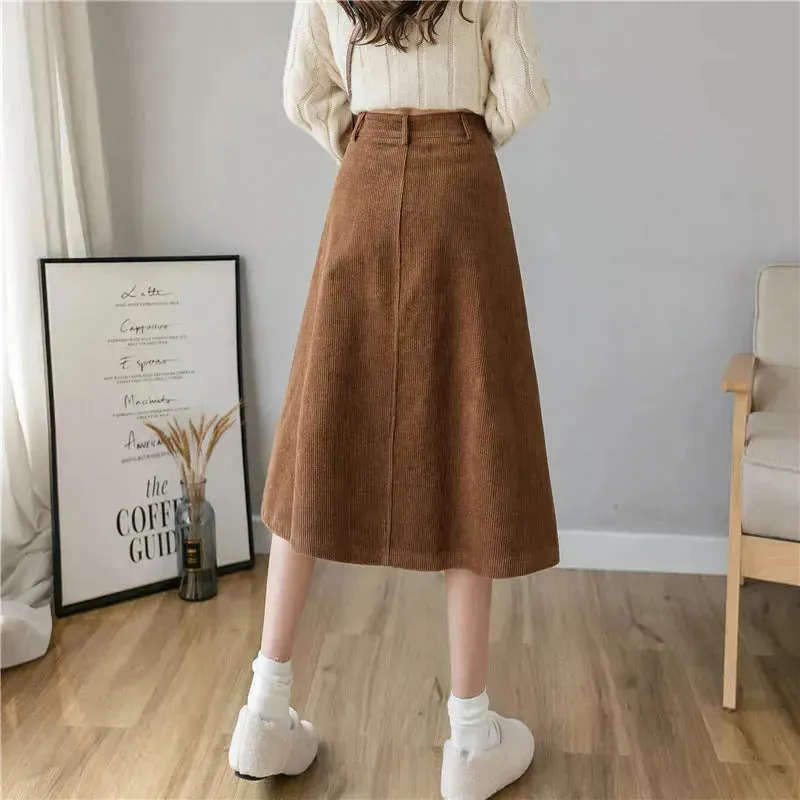 Retro Button A-line Fashion flared Corduroy Midi Skirt