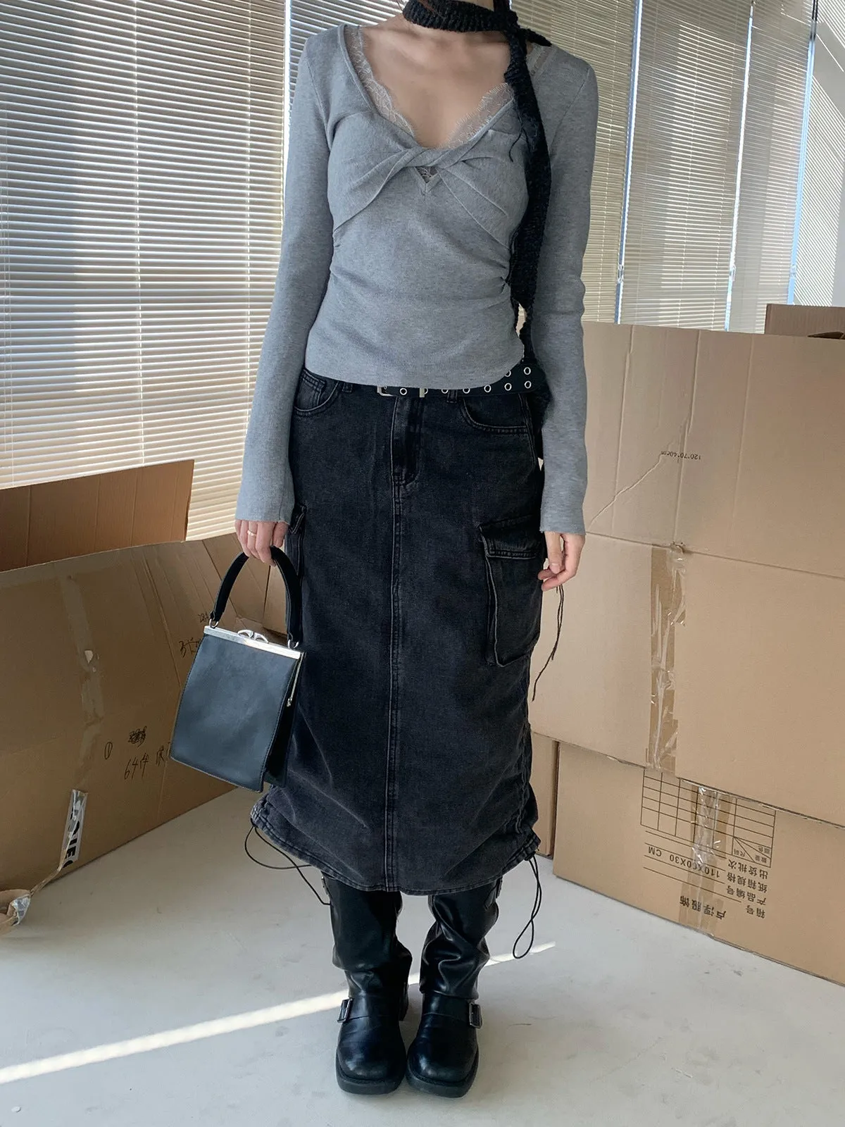 Retro Washed Denim Lace-Up A-Line Skirt