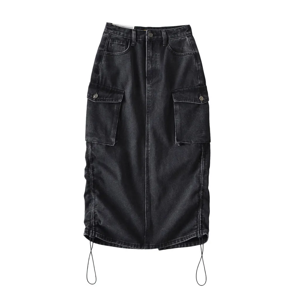 Retro Washed Denim Lace-Up A-Line Skirt