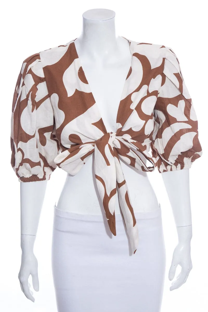 Rhode Ivory & Brown Printed Puff Sleeve Cropped Blouse SZ S