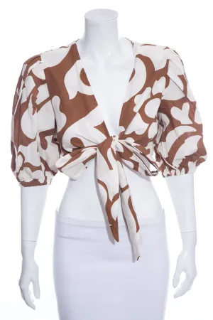 Rhode Ivory & Brown Printed Puff Sleeve Cropped Blouse SZ S
