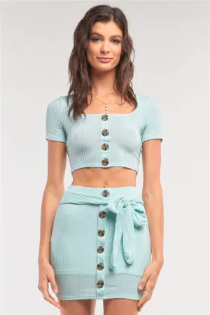 Ribbed Crop Top & Faux Wrap Mini Skirt Set | Mint