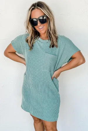Ribbed Knit Shift Dress with Stripes