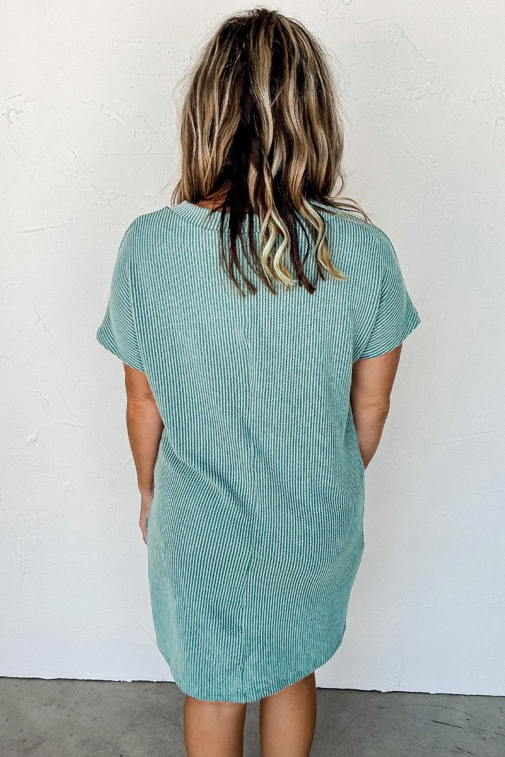 Ribbed Knit Shift Dress with Stripes