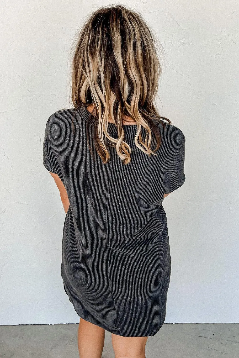 Ribbed Knit Shift Dress with Stripes