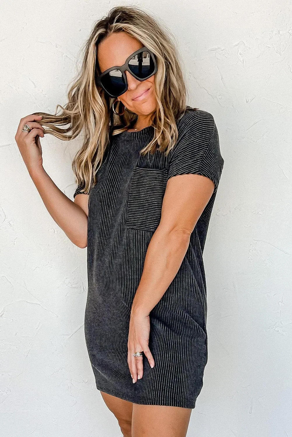 Ribbed Knit Shift Dress with Stripes