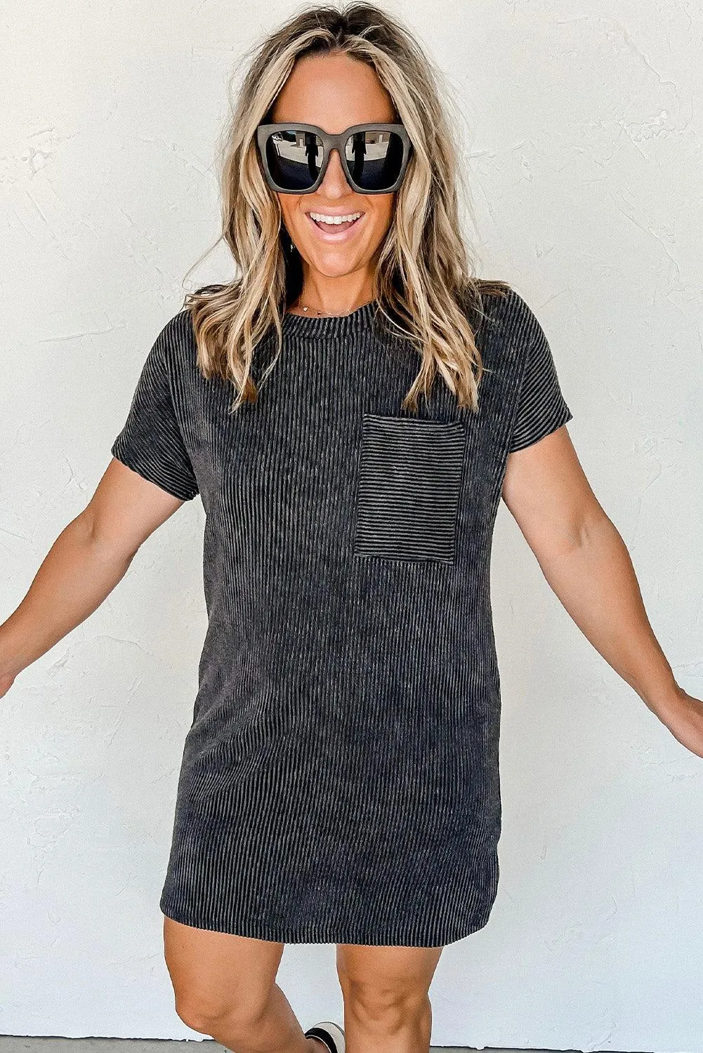 Ribbed Knit Shift Dress with Stripes