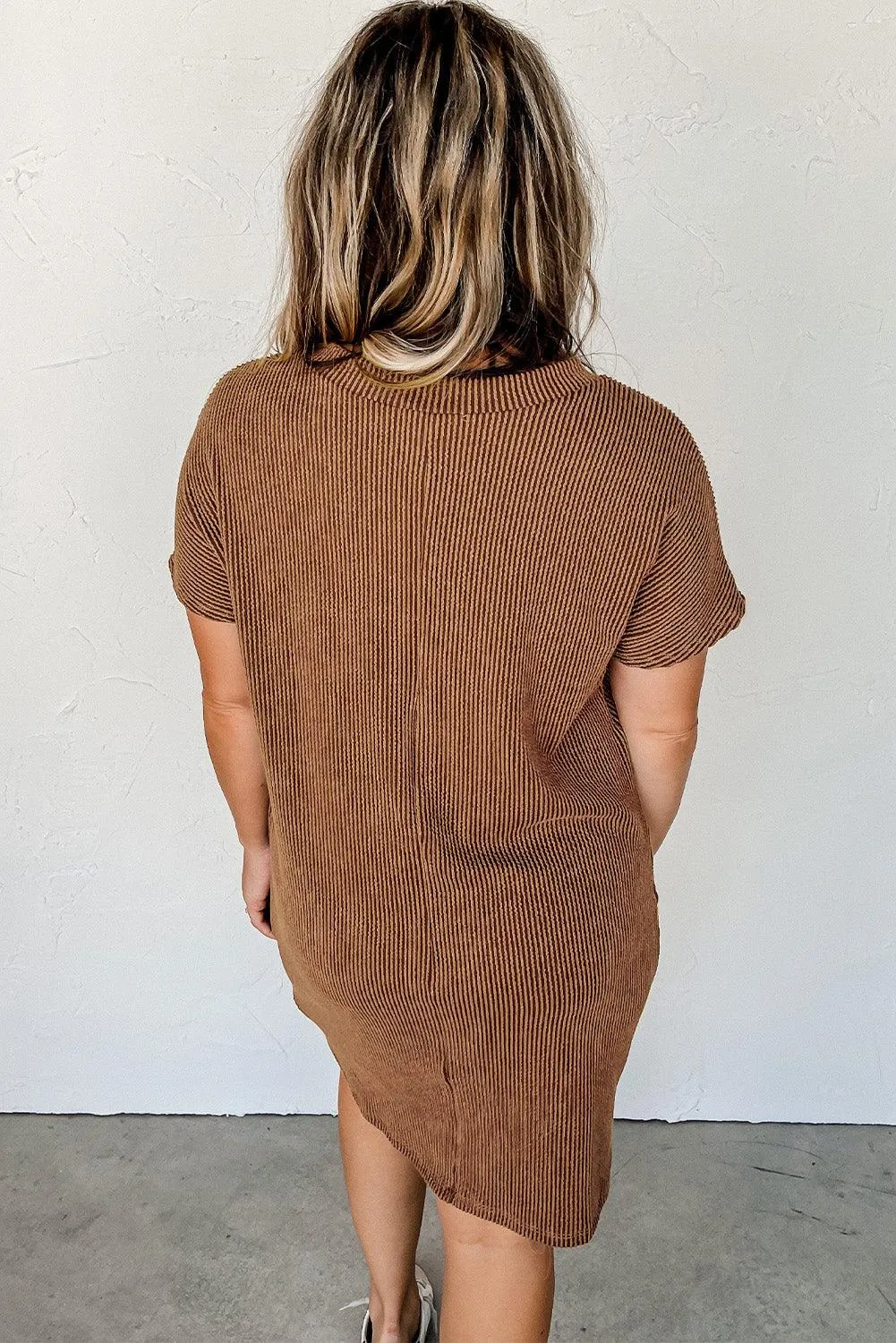 Ribbed Knit Shift Dress with Stripes