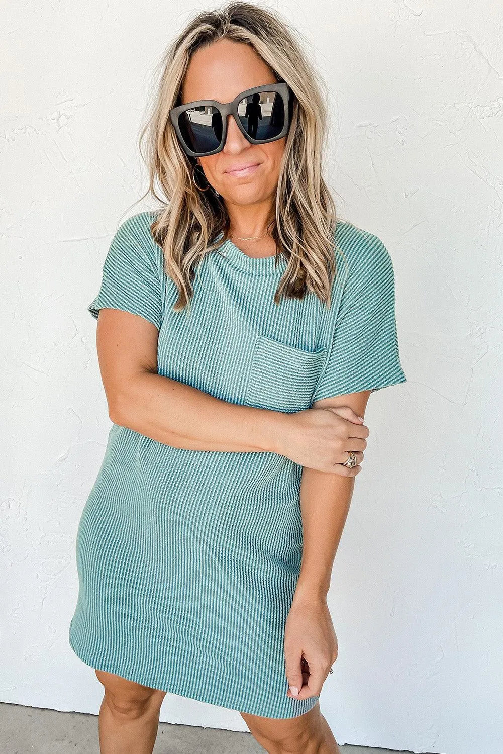 Ribbed Knit Shift Dress with Stripes