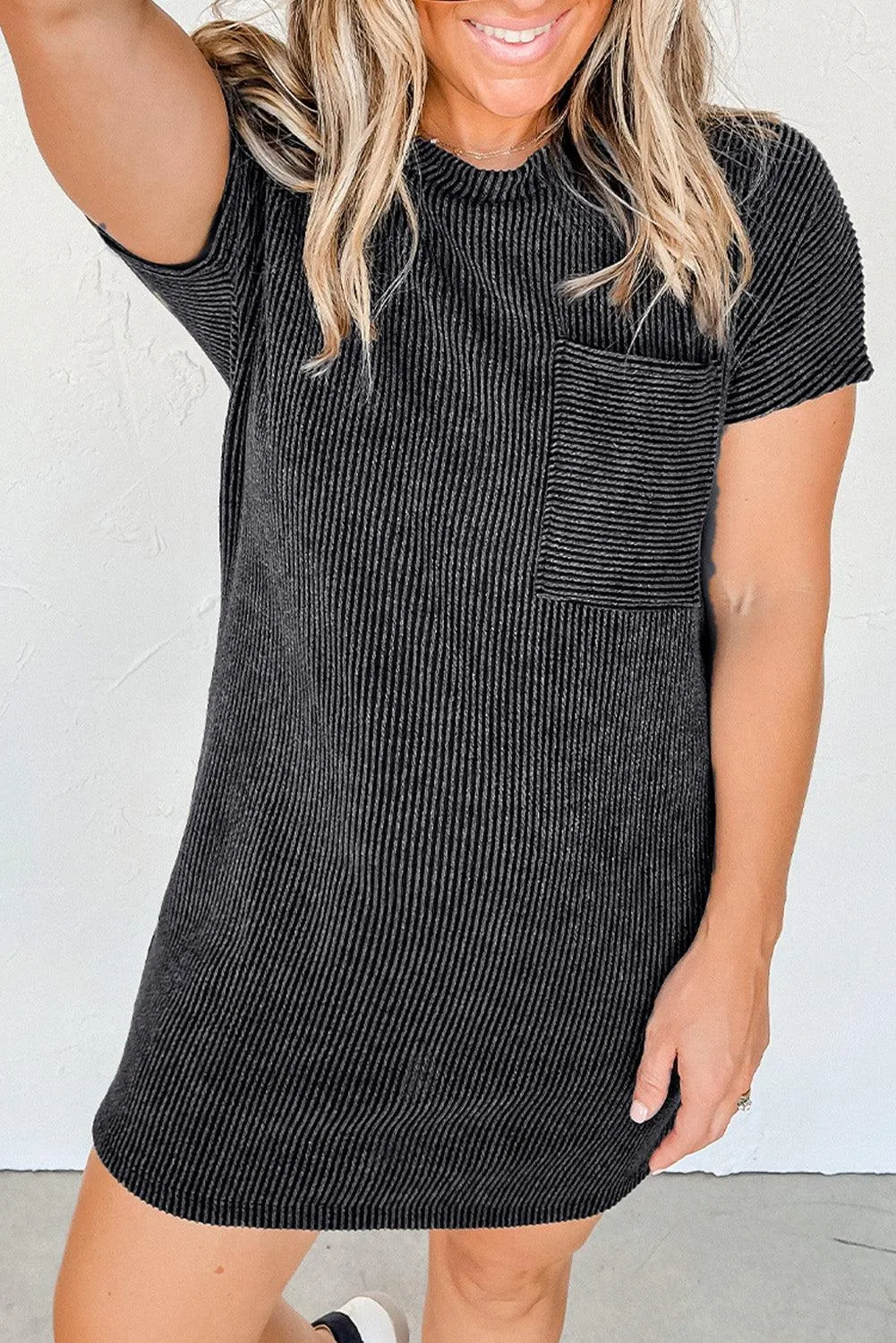 Ribbed Knit Shift Dress with Stripes