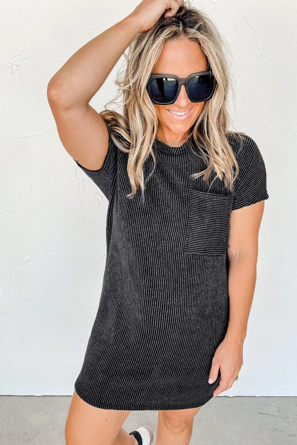 Ribbed Knit Shift Dress with Stripes