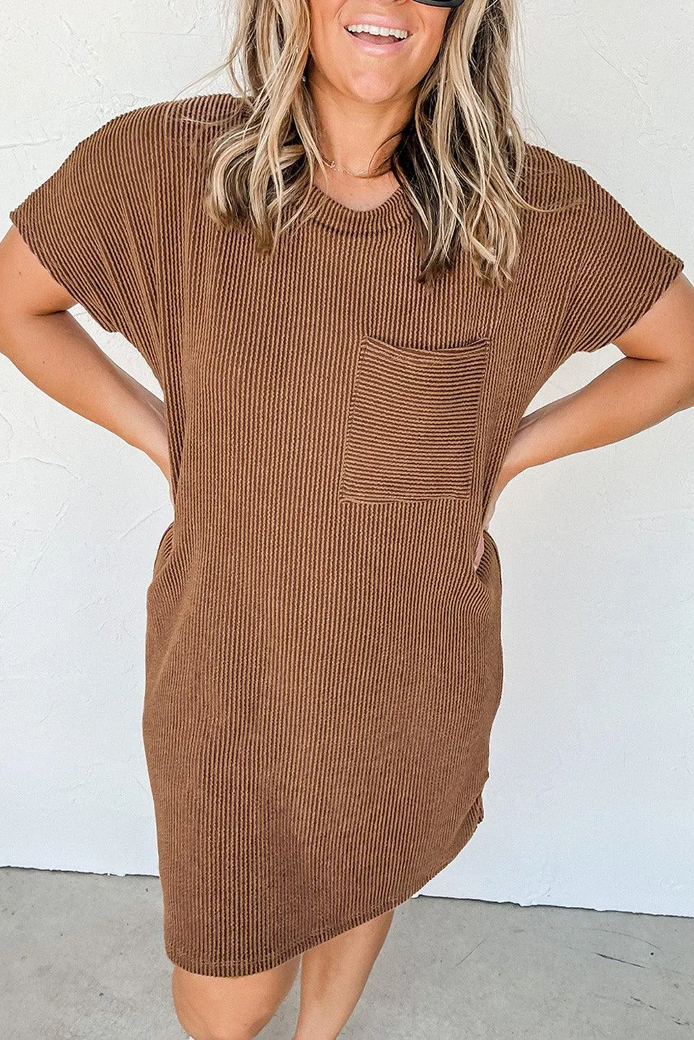 Ribbed Knit Shift Dress with Stripes