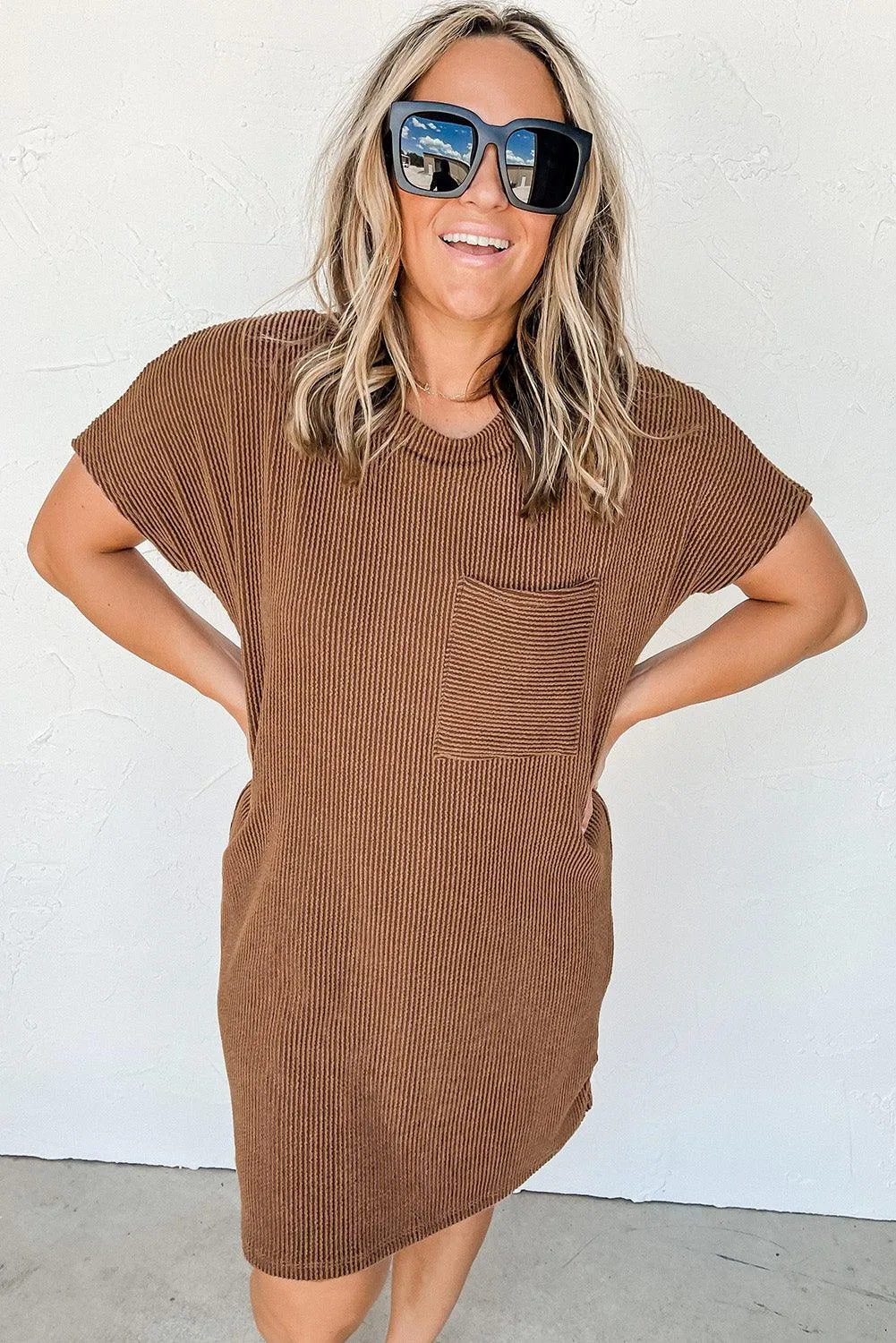Ribbed Knit Shift Dress with Stripes
