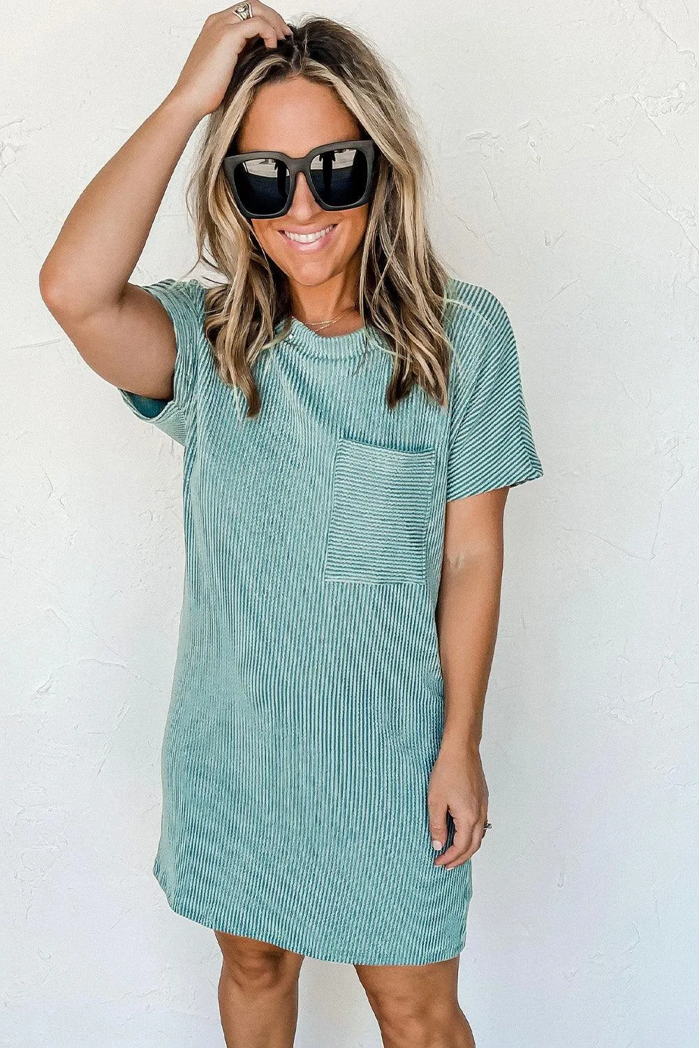Ribbed Knit Shift Dress with Stripes