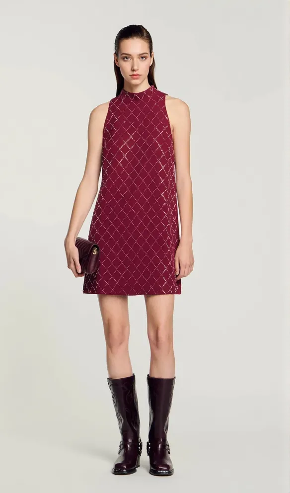 RIVA DIAMOND-SHAPED RHINESTONE PATTERN BORDEAUX MINI DRESS