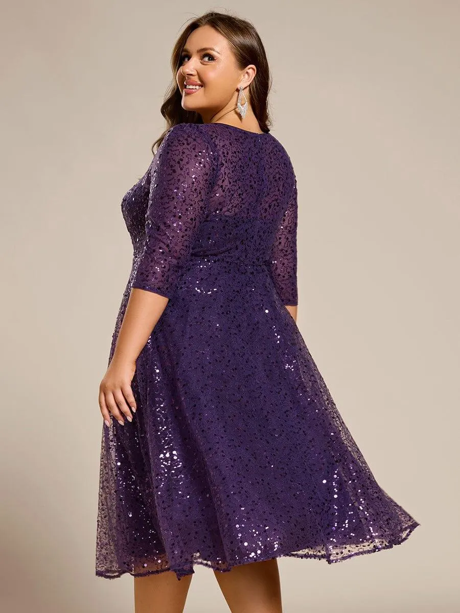 Robe d'invitée de mariage grande taille à manches 3/4 et à paillettes