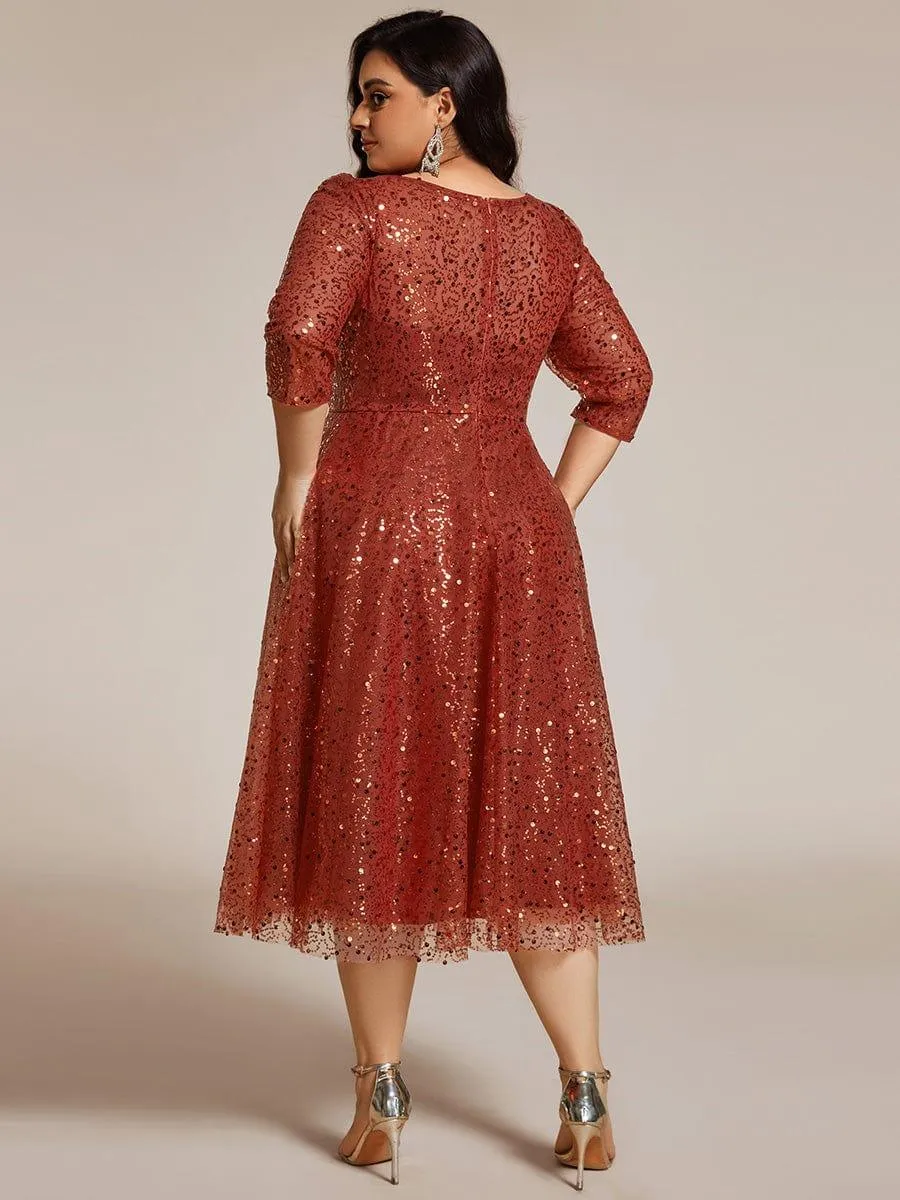 Robe d'invitée de mariage grande taille à manches 3/4 et à paillettes