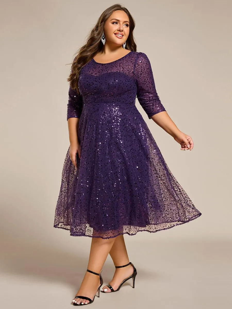 Robe d'invitée de mariage grande taille à manches 3/4 et à paillettes
