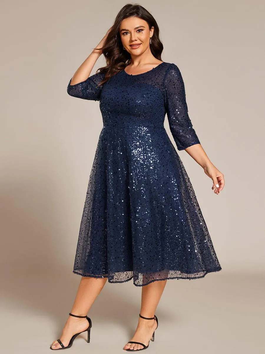 Robe d'invitée de mariage grande taille à manches 3/4 et à paillettes
