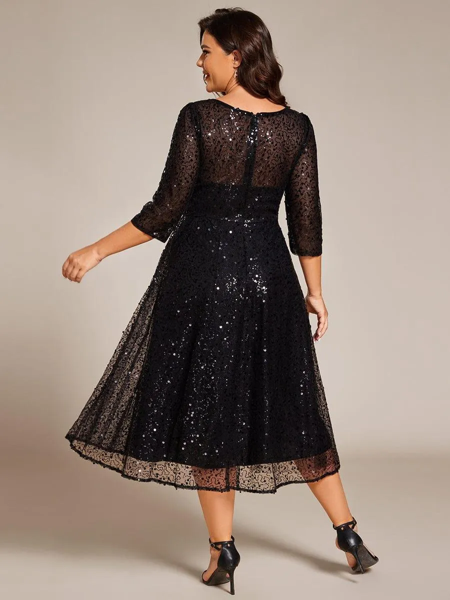 Robe d'invitée de mariage grande taille à manches 3/4 et à paillettes