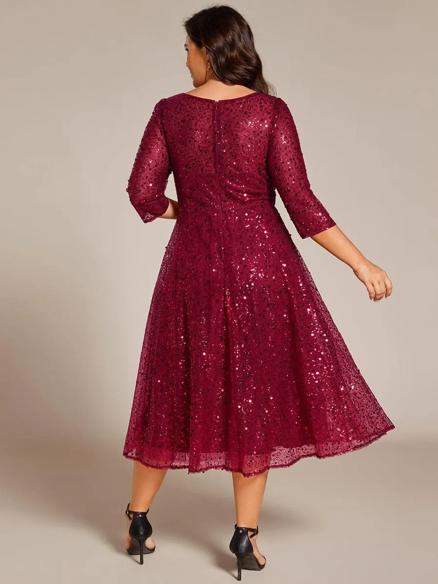 Robe d'invitée de mariage grande taille à manches 3/4 et à paillettes