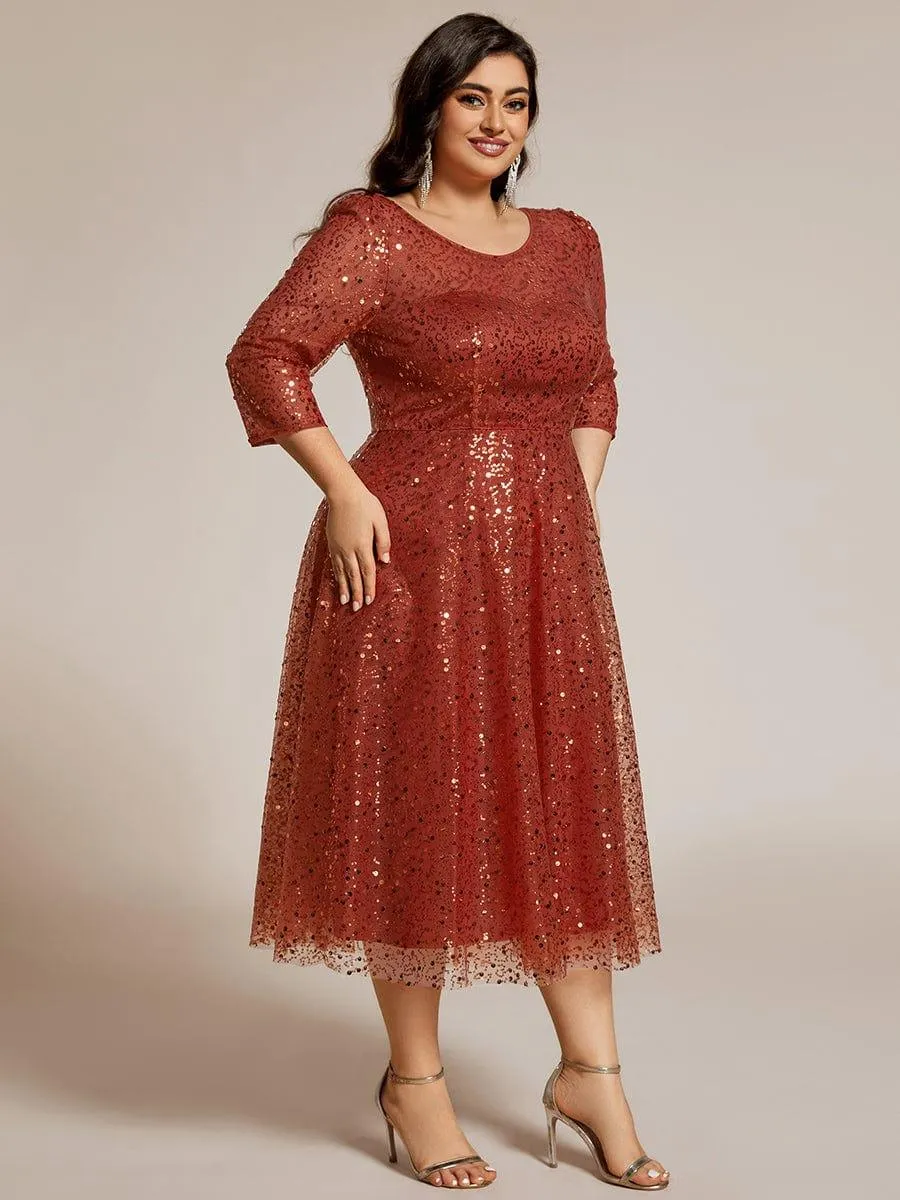 Robe d'invitée de mariage grande taille à manches 3/4 et à paillettes