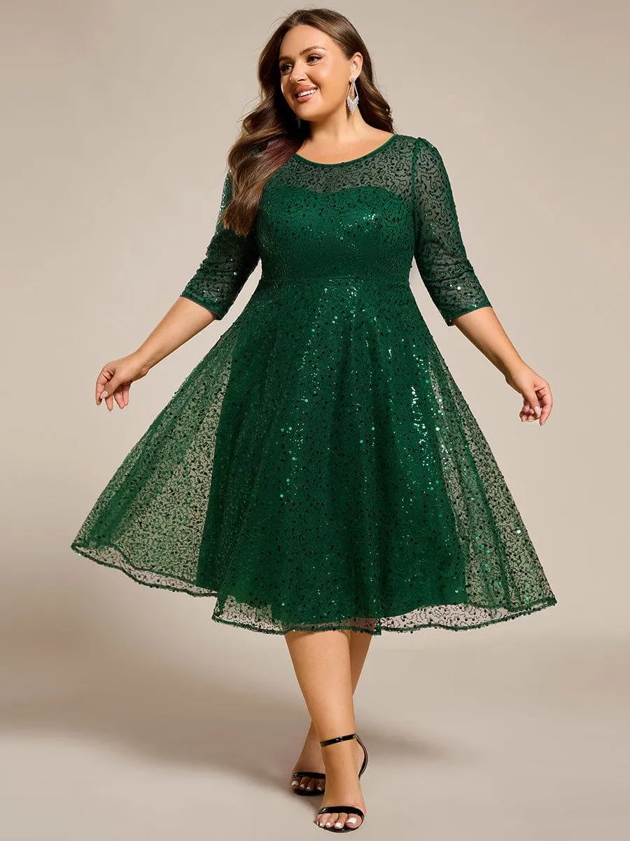 Robe d'invitée de mariage grande taille à manches 3/4 et à paillettes