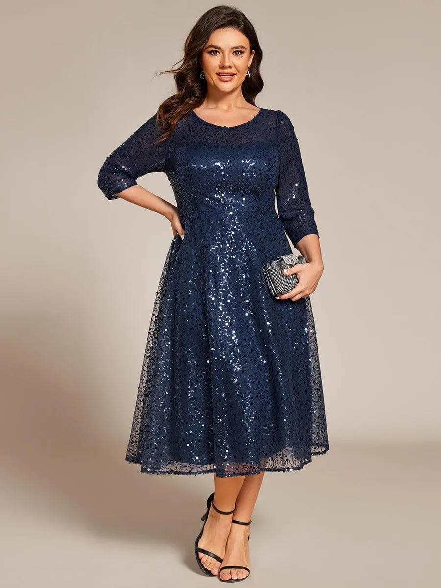 Robe d'invitée de mariage grande taille à manches 3/4 et à paillettes