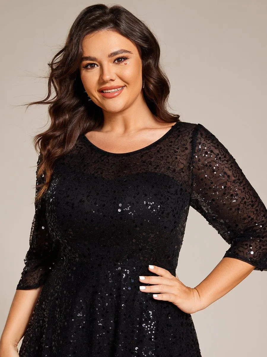 Robe d'invitée de mariage grande taille à manches 3/4 et à paillettes
