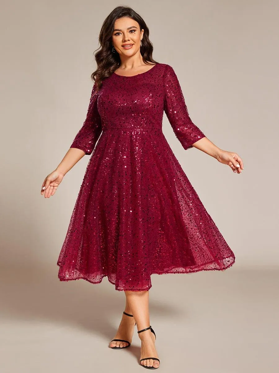 Robe d'invitée de mariage grande taille à manches 3/4 et à paillettes