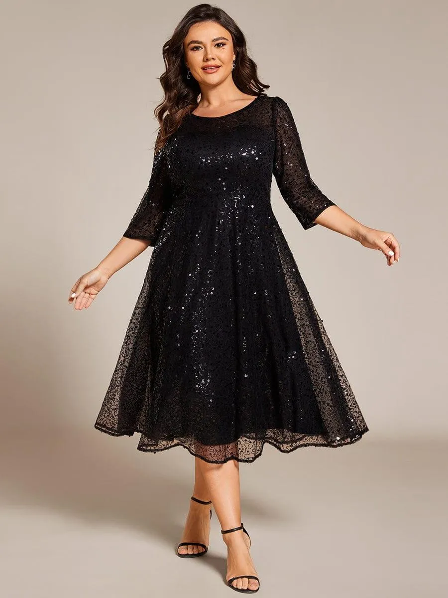 Robe d'invitée de mariage grande taille à manches 3/4 et à paillettes