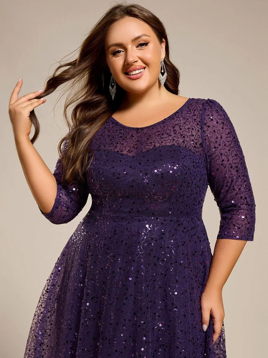 Robe d'invitée de mariage grande taille à manches 3/4 et à paillettes