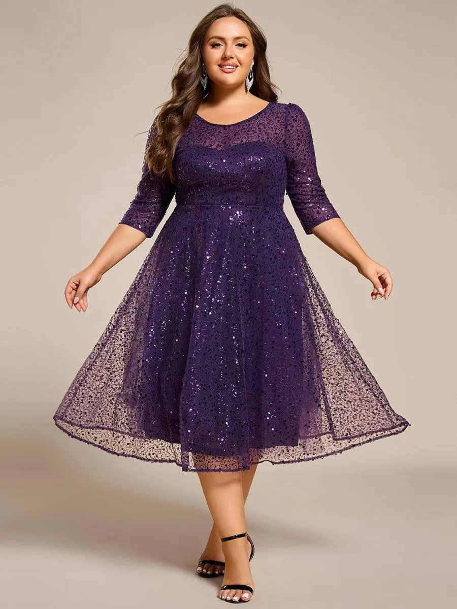 Robe d'invitée de mariage grande taille à manches 3/4 et à paillettes