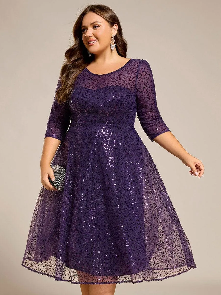 Robe d'invitée de mariage grande taille à manches 3/4 et à paillettes