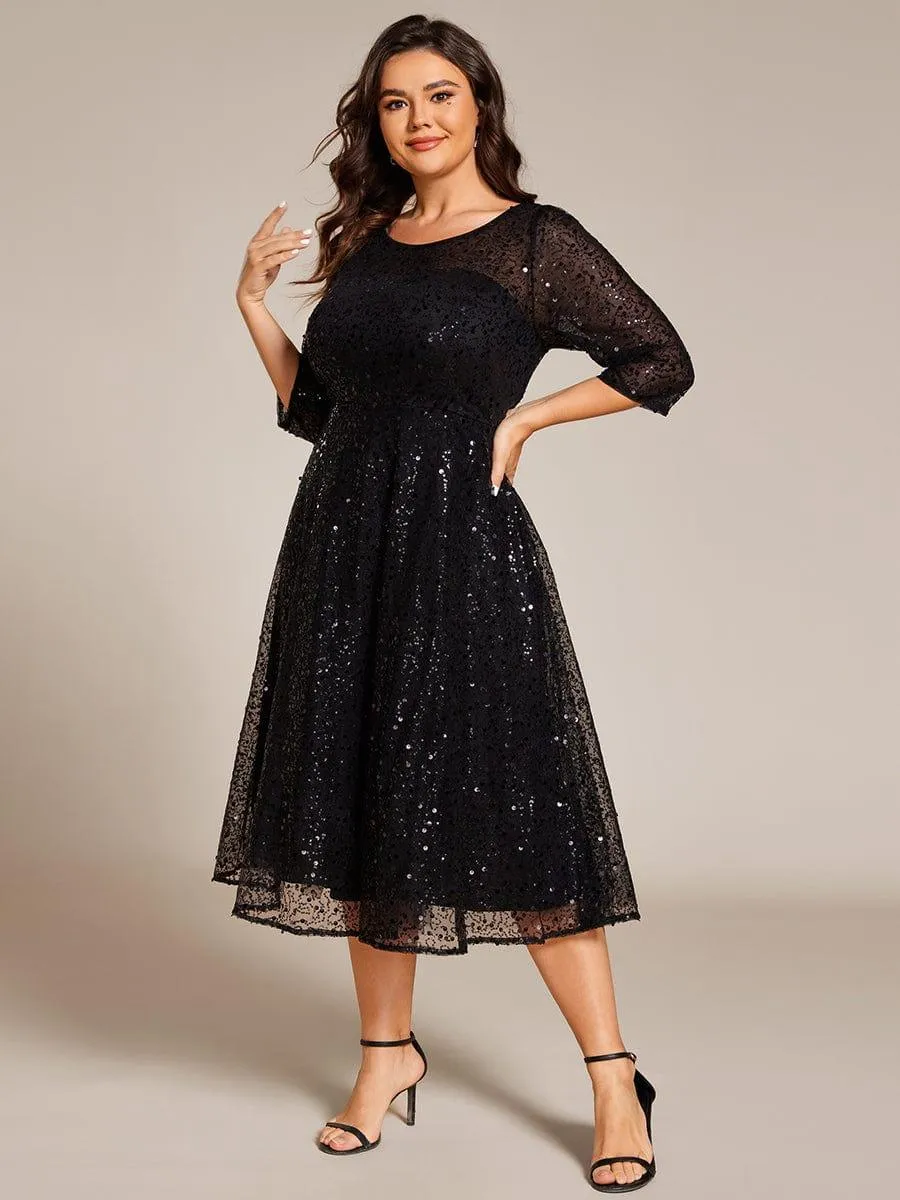 Robe d'invitée de mariage grande taille à manches 3/4 et à paillettes