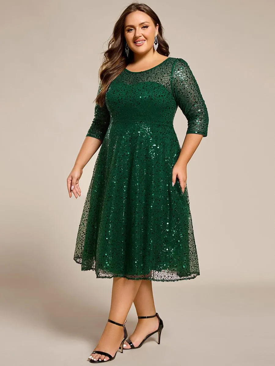 Robe d'invitée de mariage grande taille à manches 3/4 et à paillettes