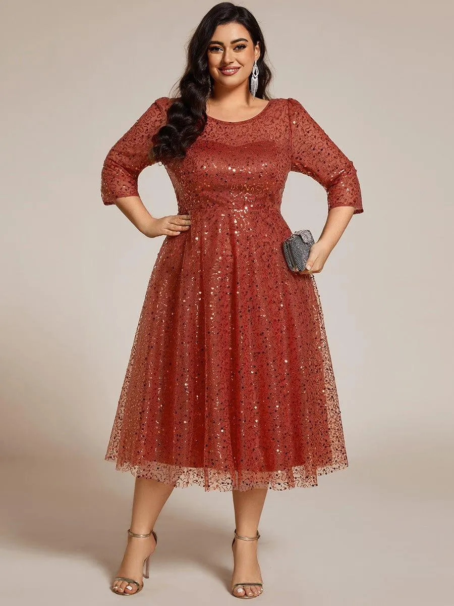 Robe d'invitée de mariage grande taille à manches 3/4 et à paillettes