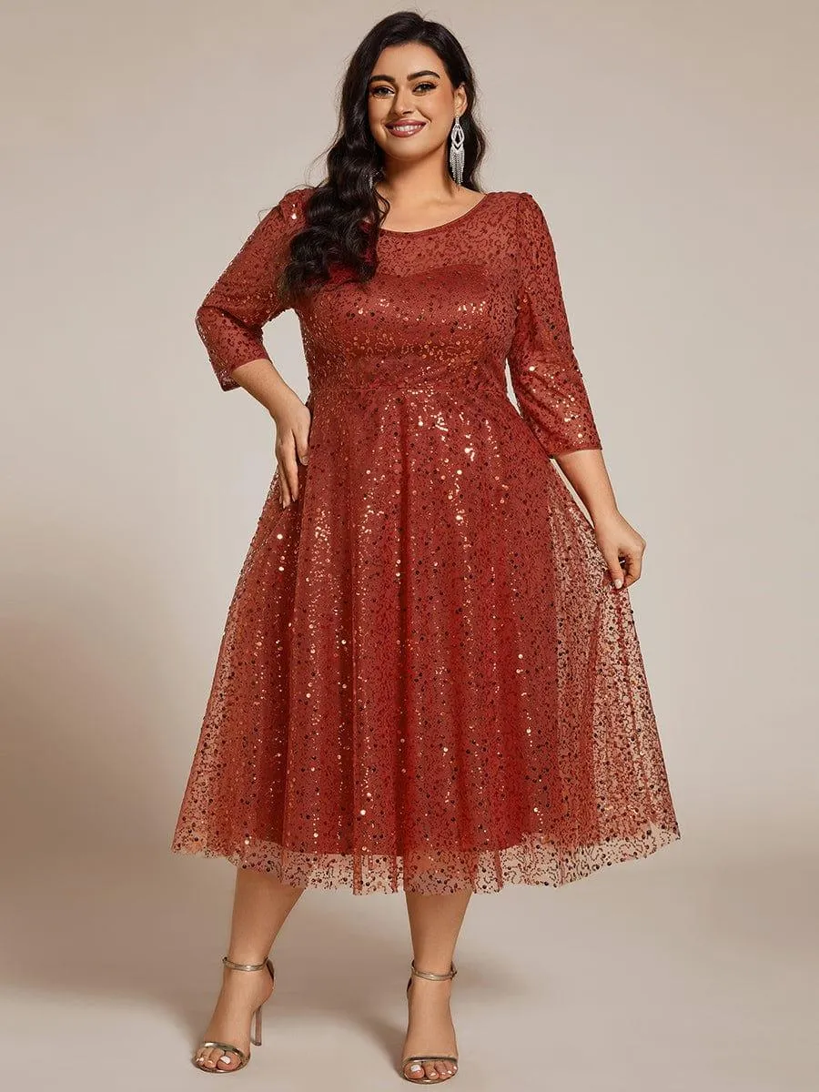 Robe d'invitée de mariage grande taille à manches 3/4 et à paillettes