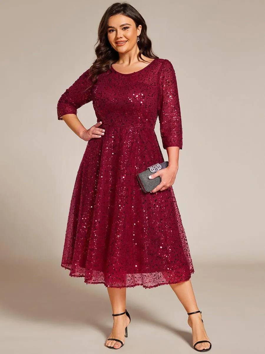 Robe d'invitée de mariage grande taille à manches 3/4 et à paillettes