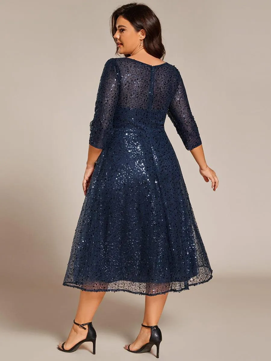 Robe d'invitée de mariage grande taille à manches 3/4 et à paillettes