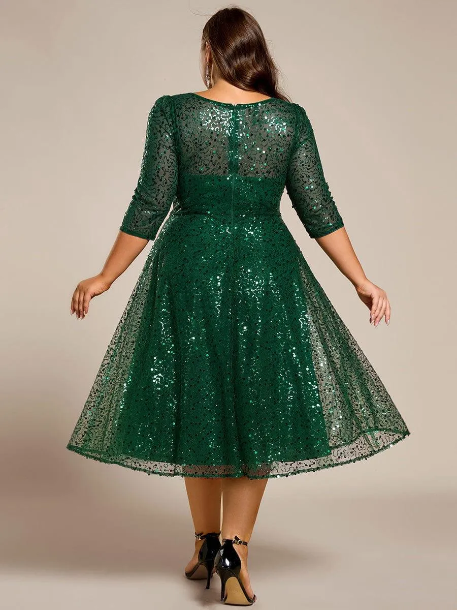 Robe d'invitée de mariage grande taille à manches 3/4 et à paillettes