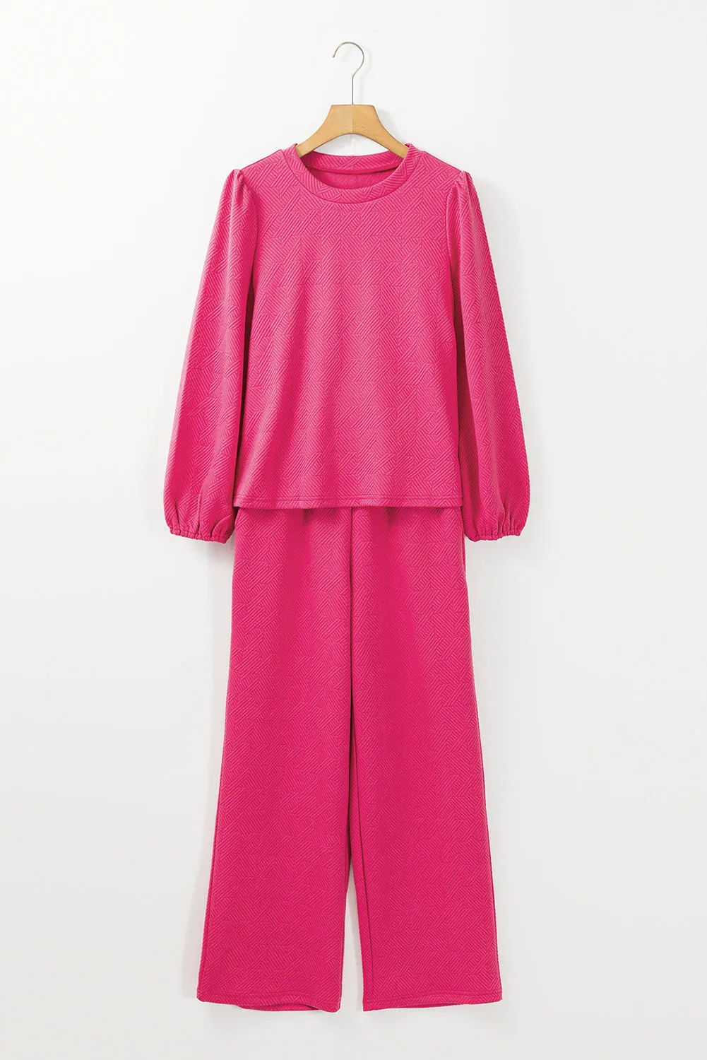 Rose Red Textured Puff Sleeve Top and Pants Set
