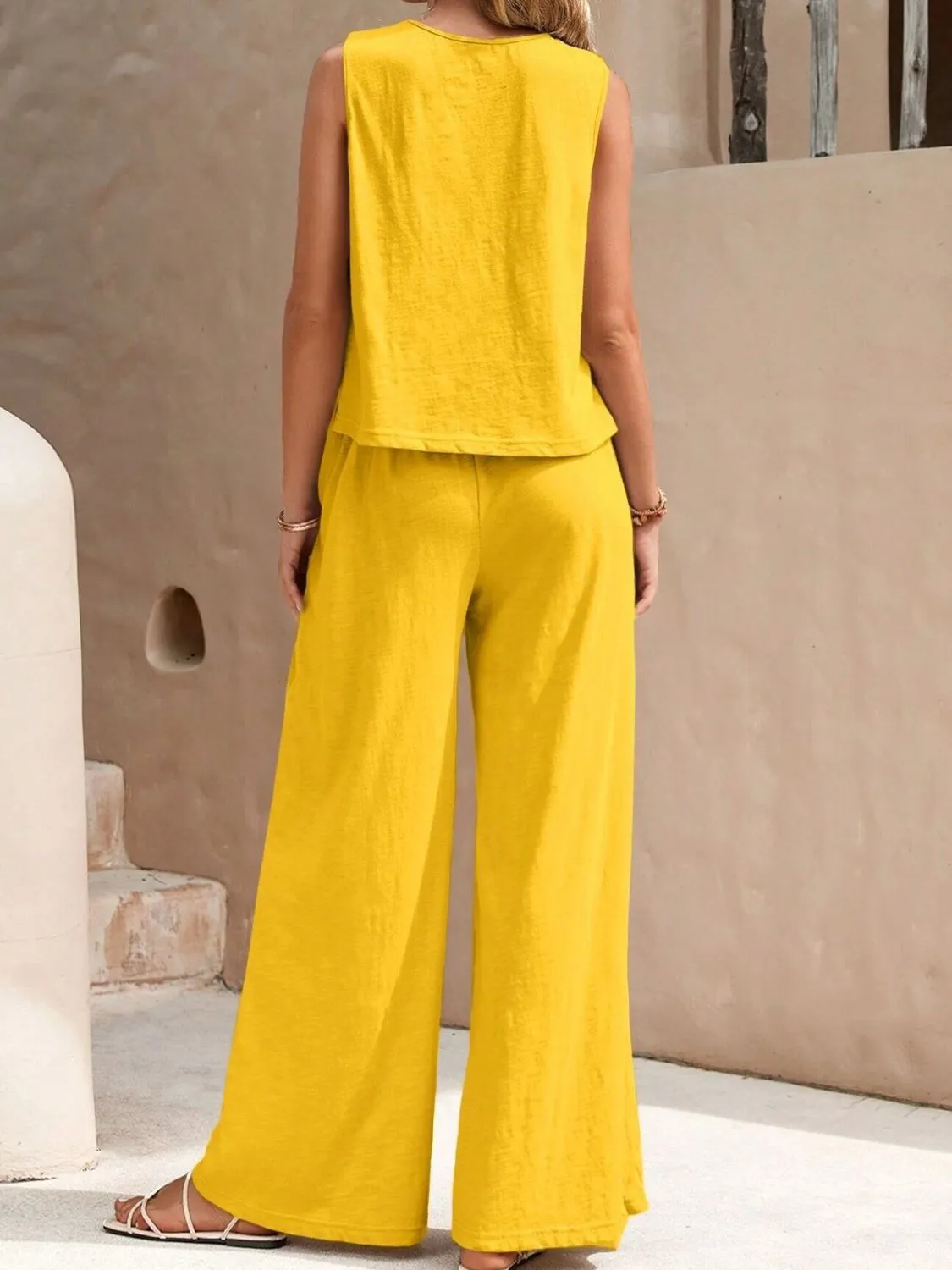 Round Neck Sleeveless Top and Wide Leg Pants Set (5 Colors)