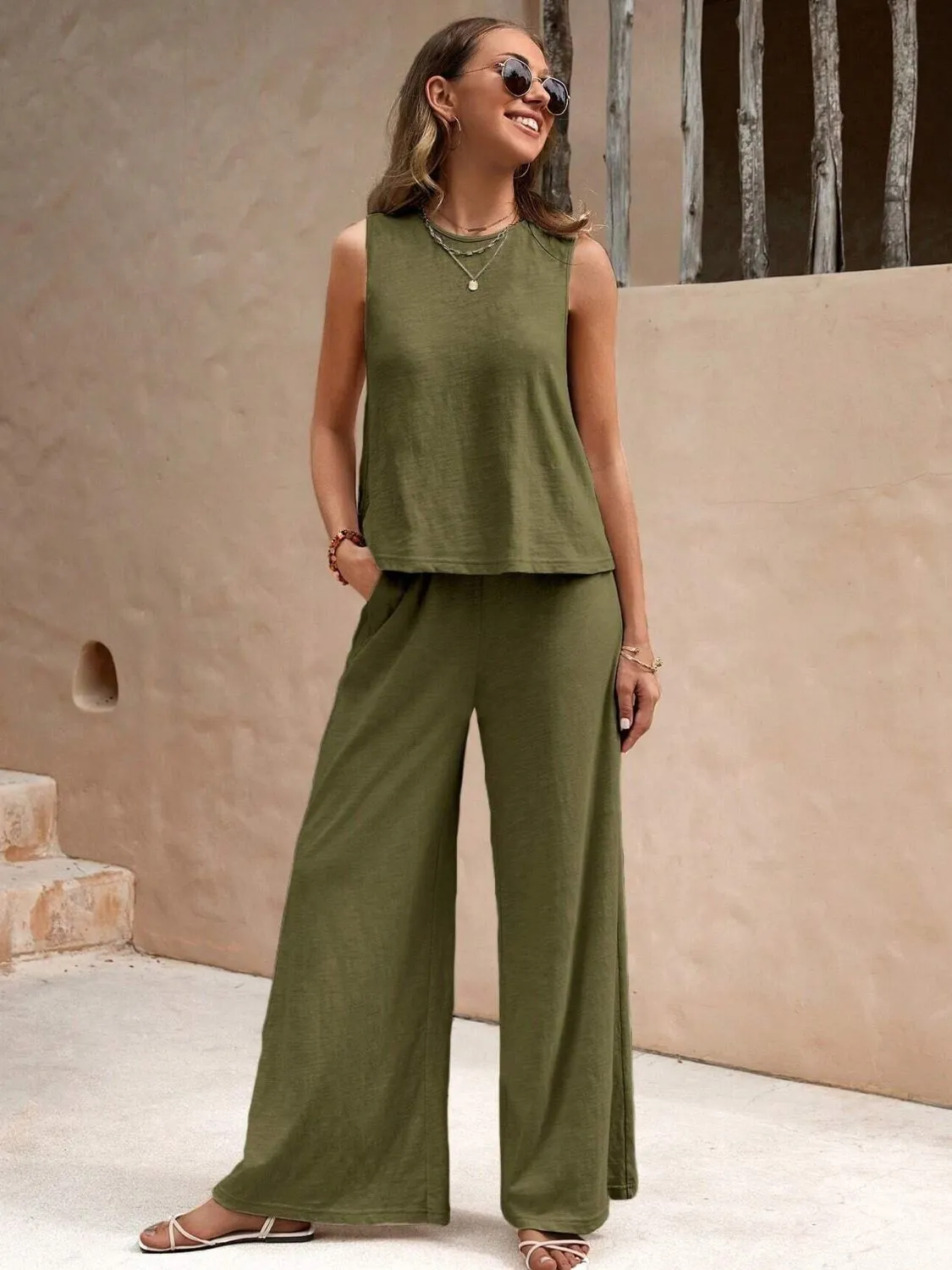 Round Neck Sleeveless Top and Wide Leg Pants Set (5 Colors)