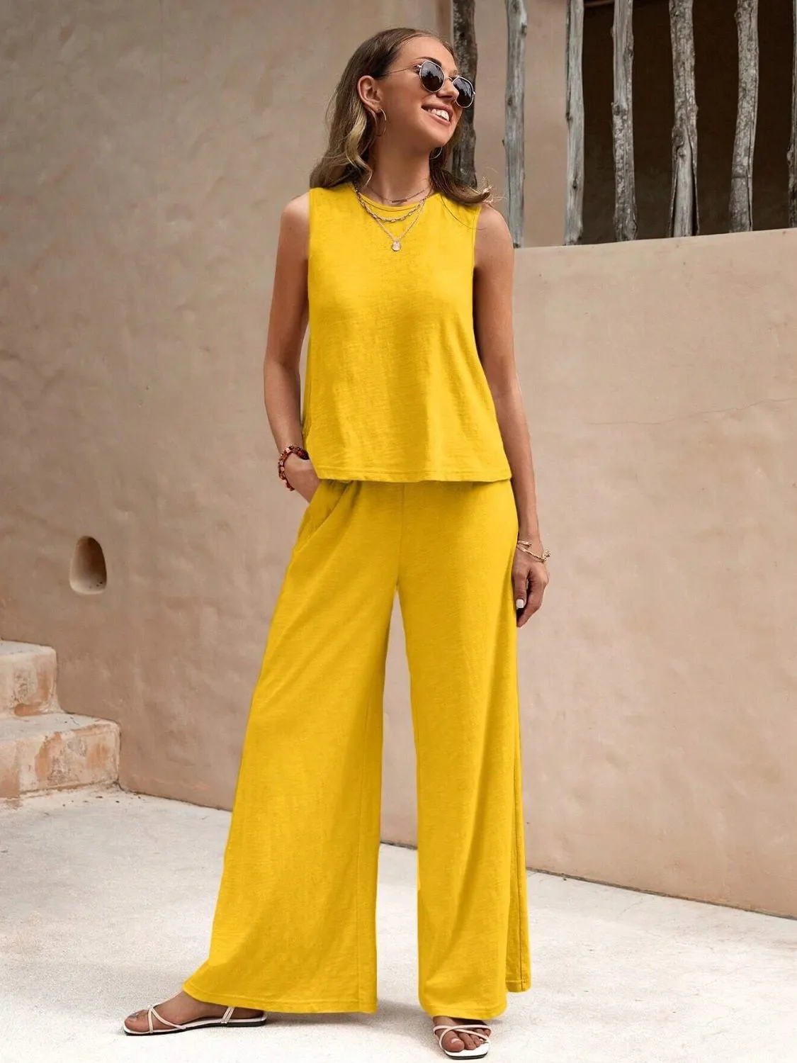 Round Neck Sleeveless Top and Wide Leg Pants Set (5 Colors)