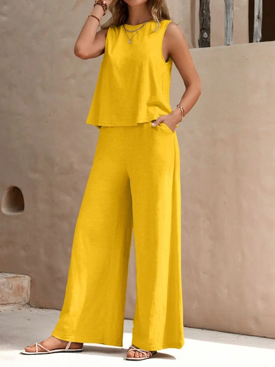 Round Neck Sleeveless Top and Wide Leg Pants Set (5 Colors)
