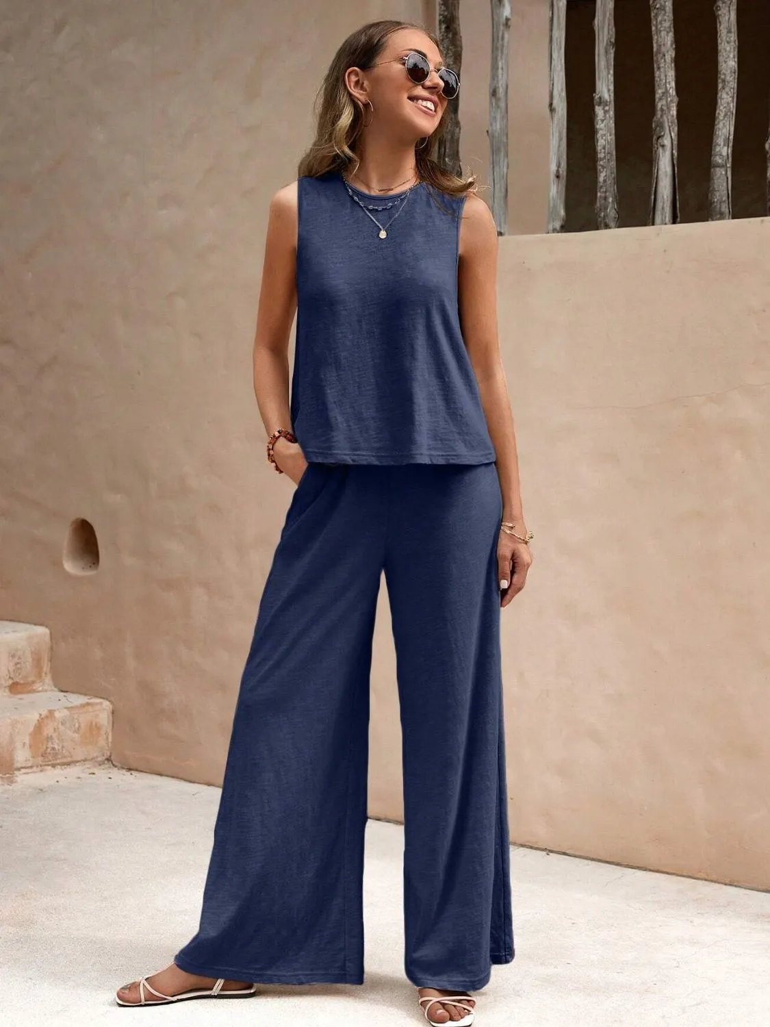 Round Neck Sleeveless Top and Wide Leg Pants Set (5 Colors)