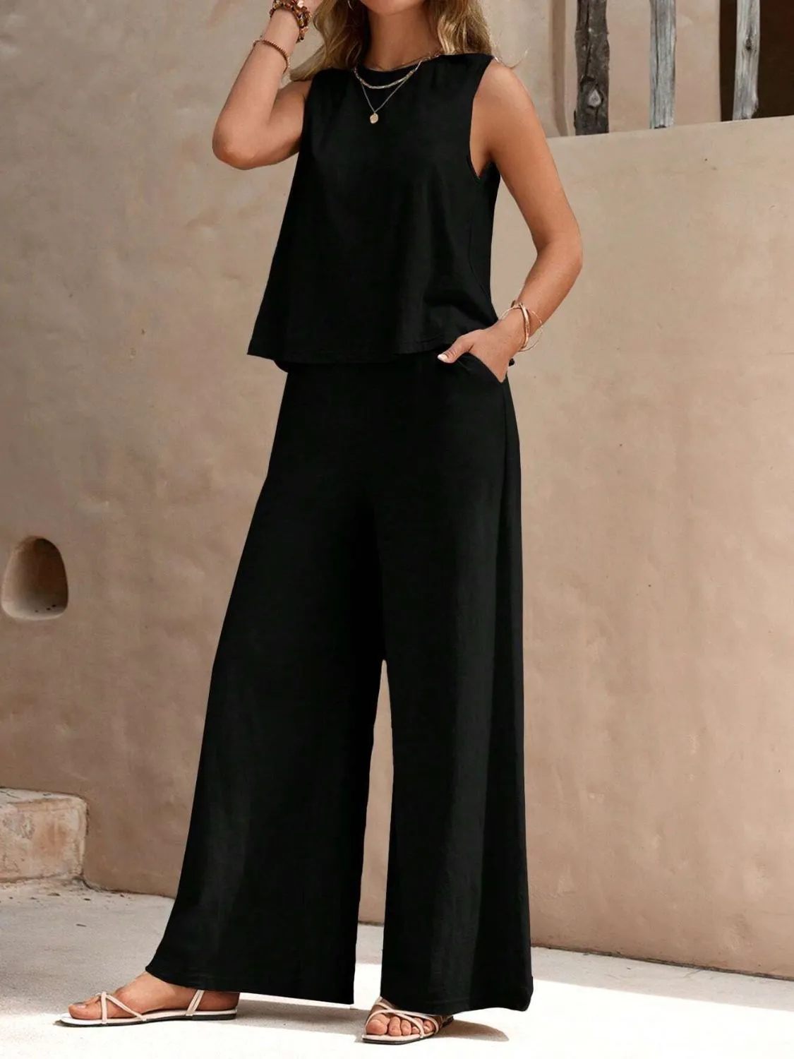 Round Neck Sleeveless Top and Wide Leg Pants Set (5 Colors)