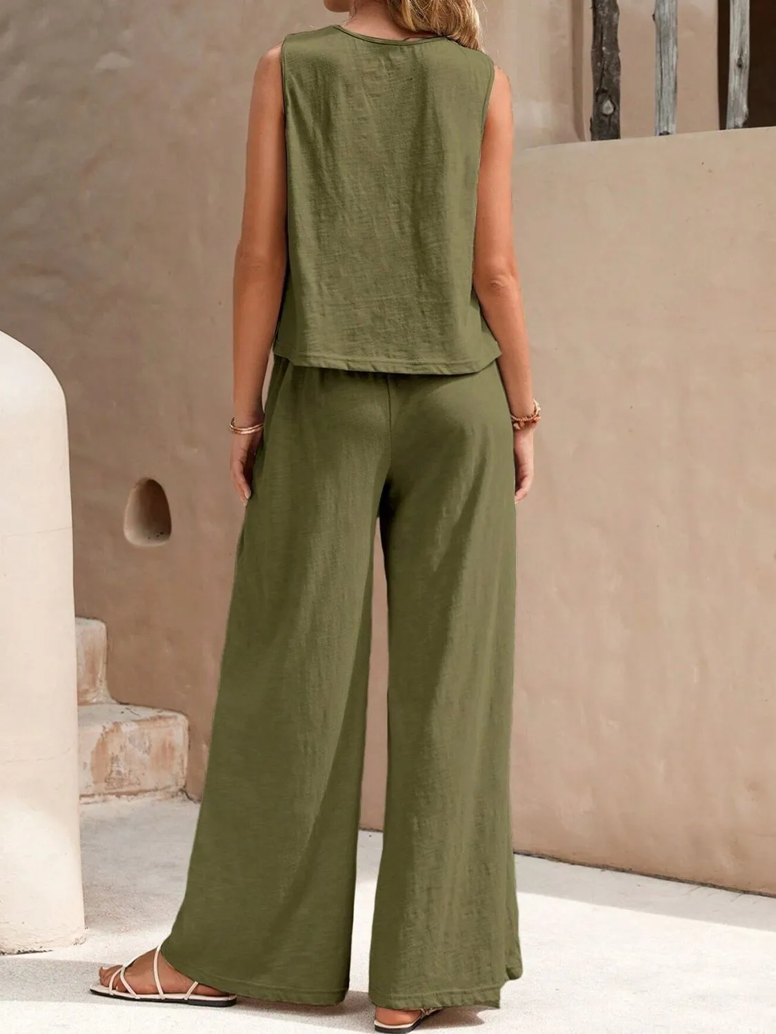 Round Neck Sleeveless Top and Wide Leg Pants Set (5 Colors)