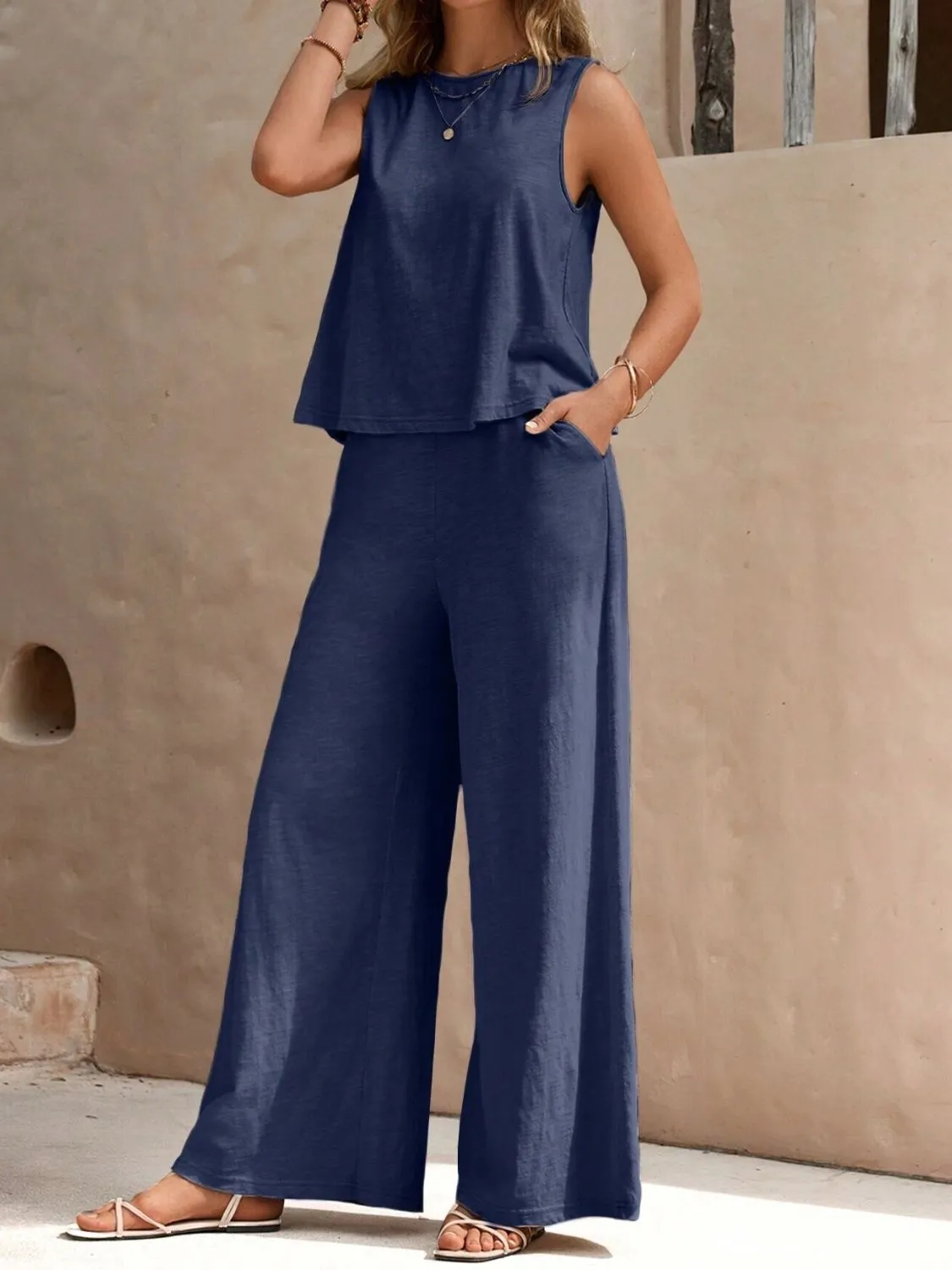 Round Neck Sleeveless Top and Wide Leg Pants Set (5 Colors)
